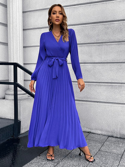 V-Neck Tie Waist Pleated Maxi Dress-Teresa&#39;s Fashionista LLC