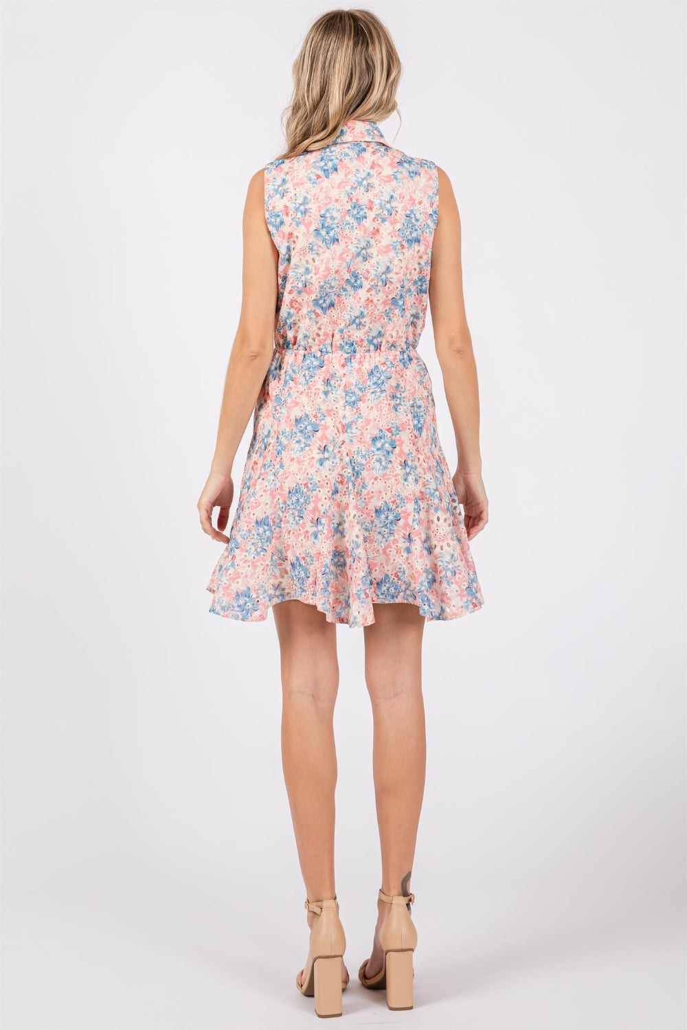 GeeGee Full Size Floral Eyelet Sleeveless Mini Dress-Teresa&#39;s Fashionista LLC