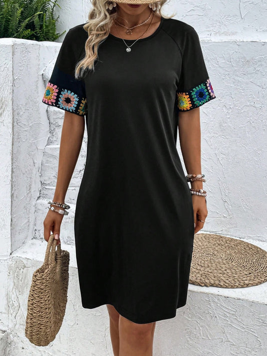 Embroidered Round Neck Short Sleeve Dress-Teresa&#39;s Fashionista LLC