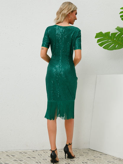 Tassel Sequin Short Sleeve Dress-Teresa&#39;s Fashionista LLC