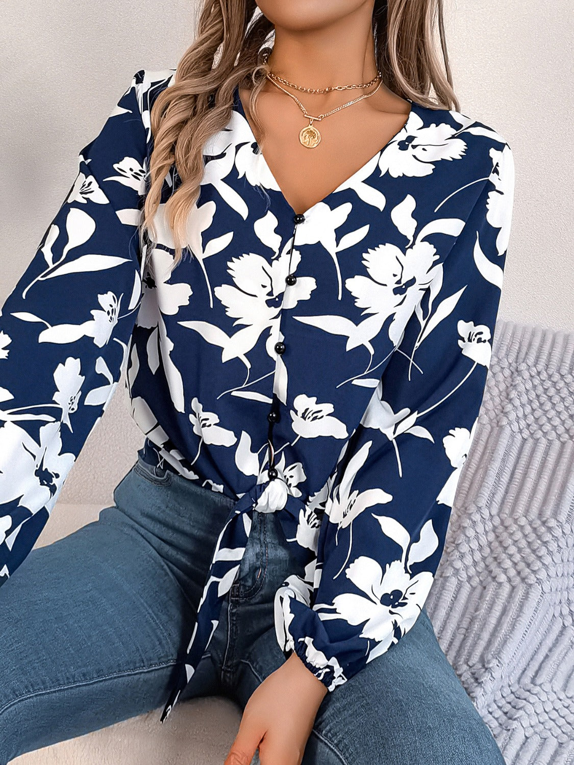 Printed V-Neck Long Sleeve Blouse-Teresa&#39;s Fashionista LLC