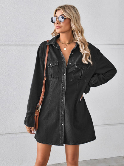 Pocketed Dropped Shoulder Mini Denim Dress-Teresa&#39;s Fashionista LLC