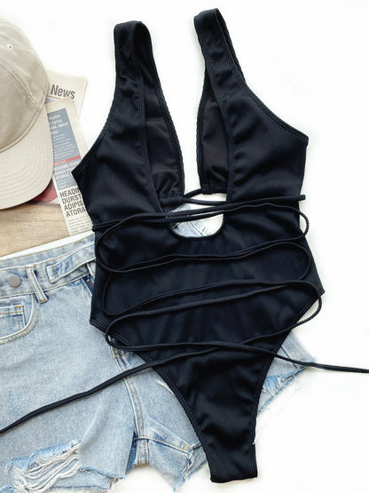 Ribbed Lace Up One-Piece Swimsuit-Teresa&#39;s Fashionista LLC