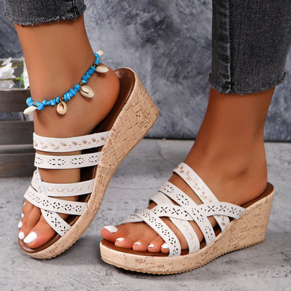 PU Leather Crisscross Wedge Sandals-Teresa&#39;s Fashionista LLC