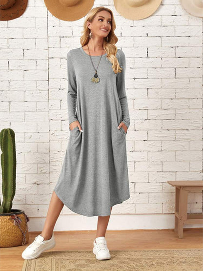 Pocketed Round Neck Long Sleeve Tee Dress-Teresa&#39;s Fashionista LLC