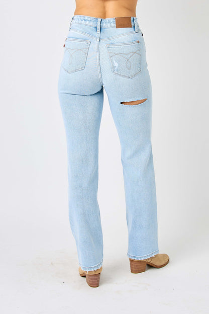 Judy Blue Full Size High Waist Distressed Straight Jeans-Teresa&#39;s Fashionista LLC