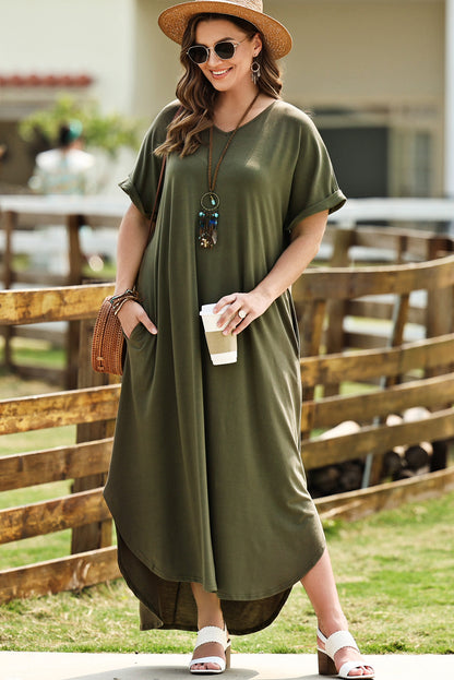 Plus Size V-Neck Short Sleeve Maxi Dress-Teresa&#39;s Fashionista LLC