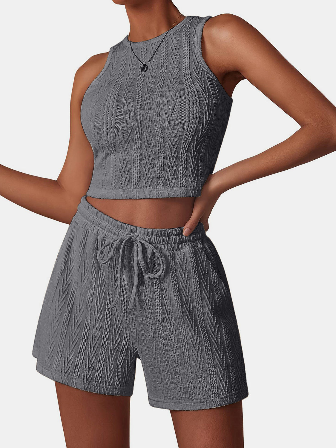 Textured Round Neck Top and Shorts Set-Teresa&#39;s Fashionista LLC