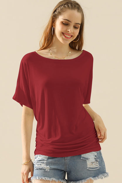 Ninexis Boat Neck Short Sleeve Ruched Side Top-Teresa&#39;s Fashionista LLC