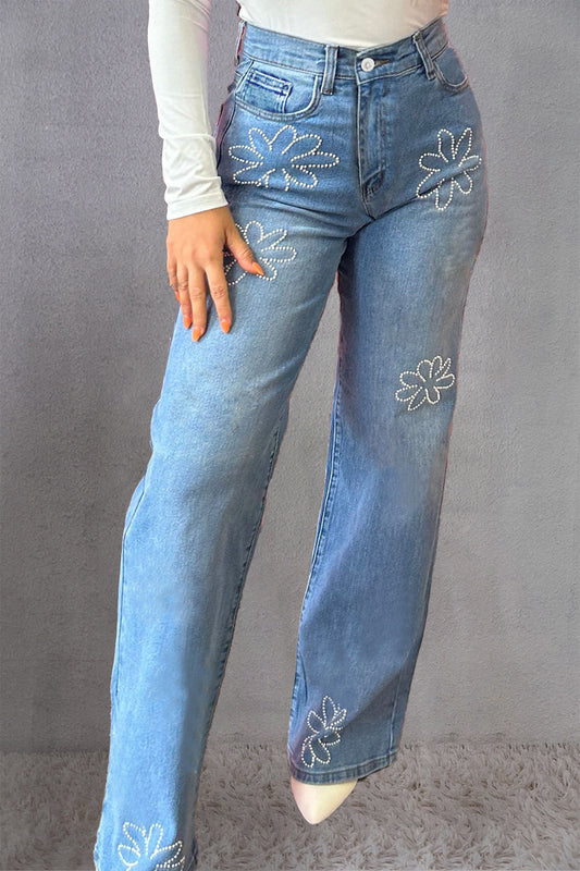 Rhinestone Straight Jeans with Pockets-Teresa&#39;s Fashionista LLC