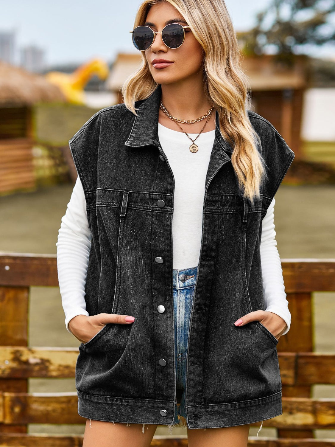 Button Up Collared Neck Sleeveless Denim Jacket-Teresa&#39;s Fashionista LLC