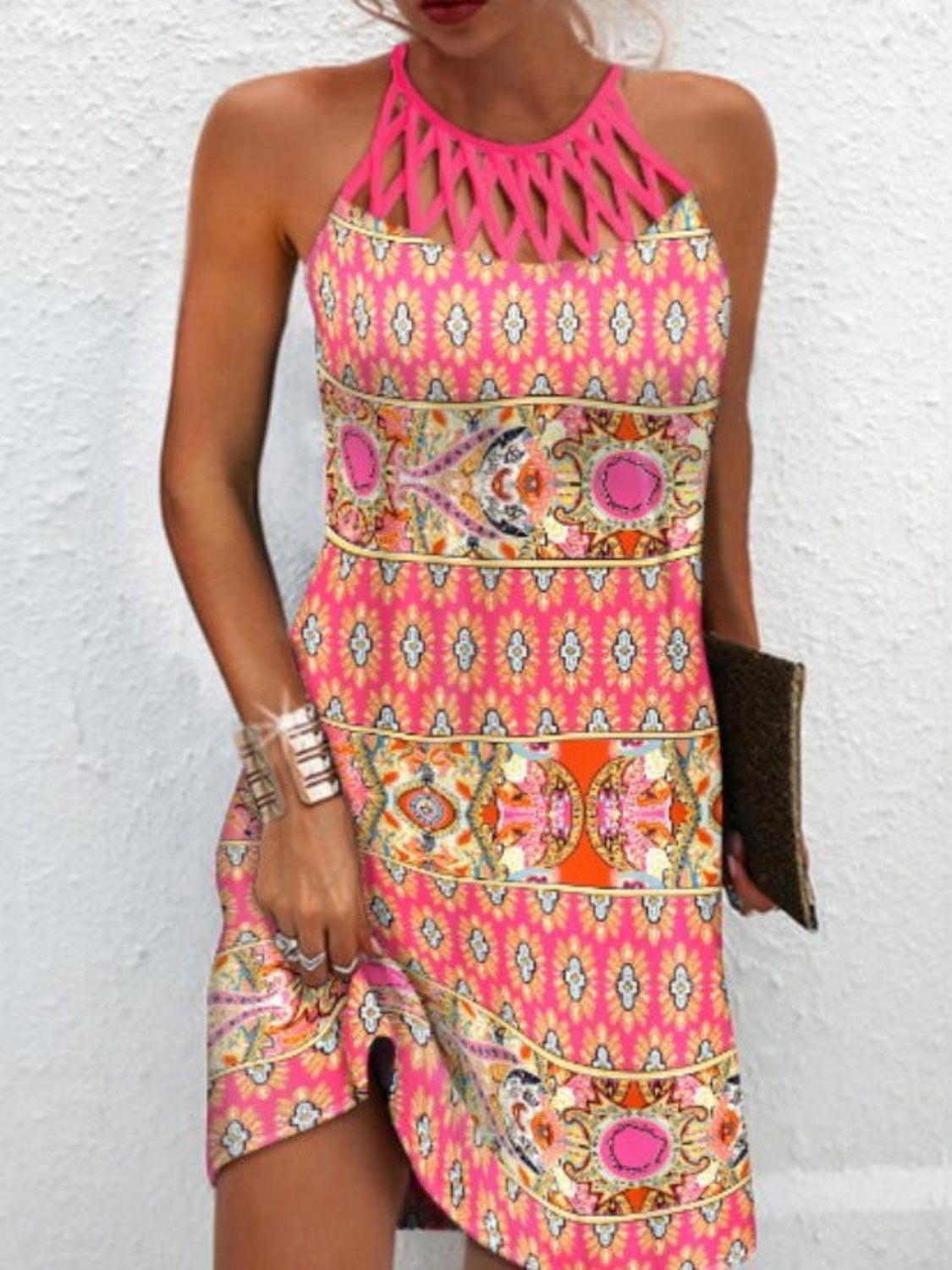 Printed Grecian Neck Mini Dress-Teresa&#39;s Fashionista LLC