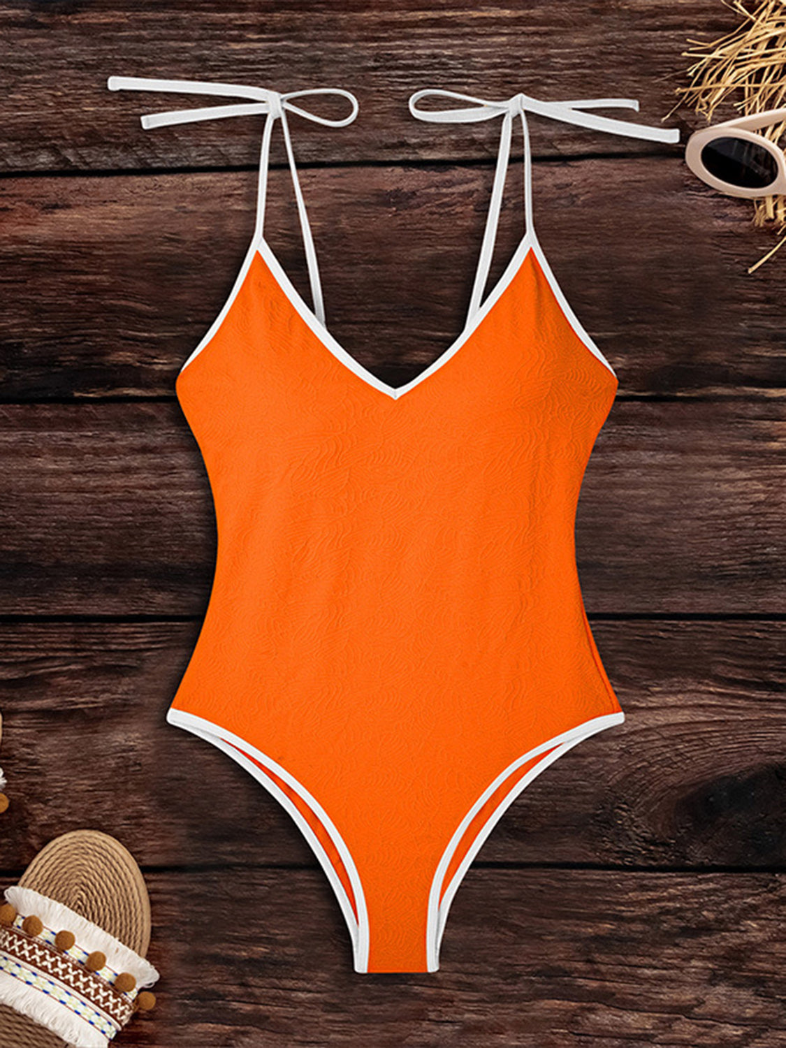 Tied V-Neck Spaghetti Strap One-Piece Swimwear-Teresa&#39;s Fashionista LLC