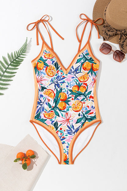 Printed V-Neck Tie Shoulder One-Piece Swimwear-Teresa&#39;s Fashionista LLC