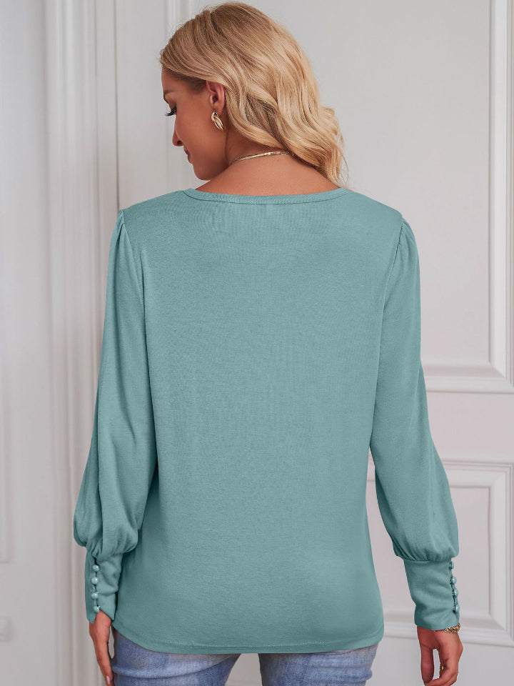 Round Neck Lantern Sleeve Blouse-Teresa&#39;s Fashionista LLC