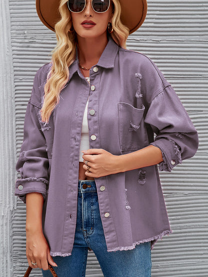 Distressed Raw Hem Button Up Denim Jacket-Teresa&#39;s Fashionista LLC