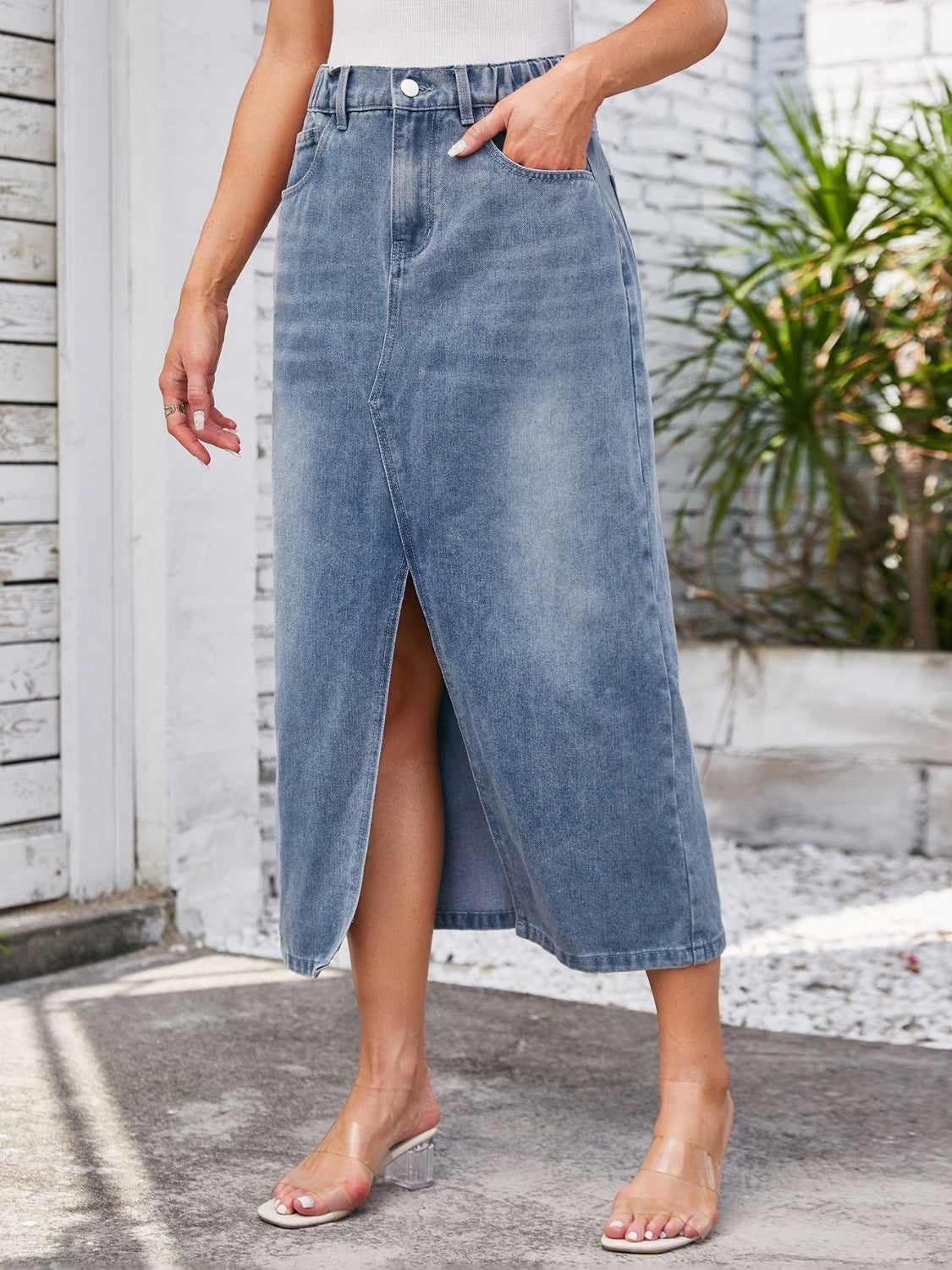 Slit Midi Denim Skirt with Pockets-Teresa&#39;s Fashionista LLC