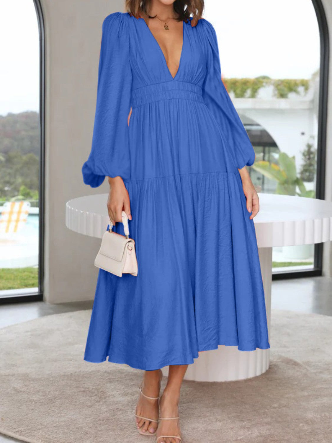 Deep V-Neck Balloon Sleeve Plain Maxi Dress-Teresa&#39;s Fashionista LLC