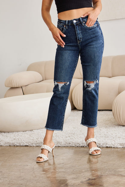 RFM Crop Dylan Full Size Tummy Control Distressed High Waist Raw Hem Jeans-Teresa&#39;s Fashionista LLC