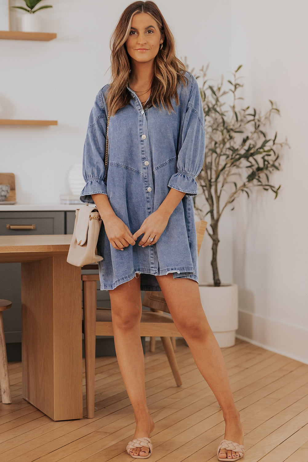 Collared Neck Flounce Sleeve Denim Mini Dress-Teresa&#39;s Fashionista LLC