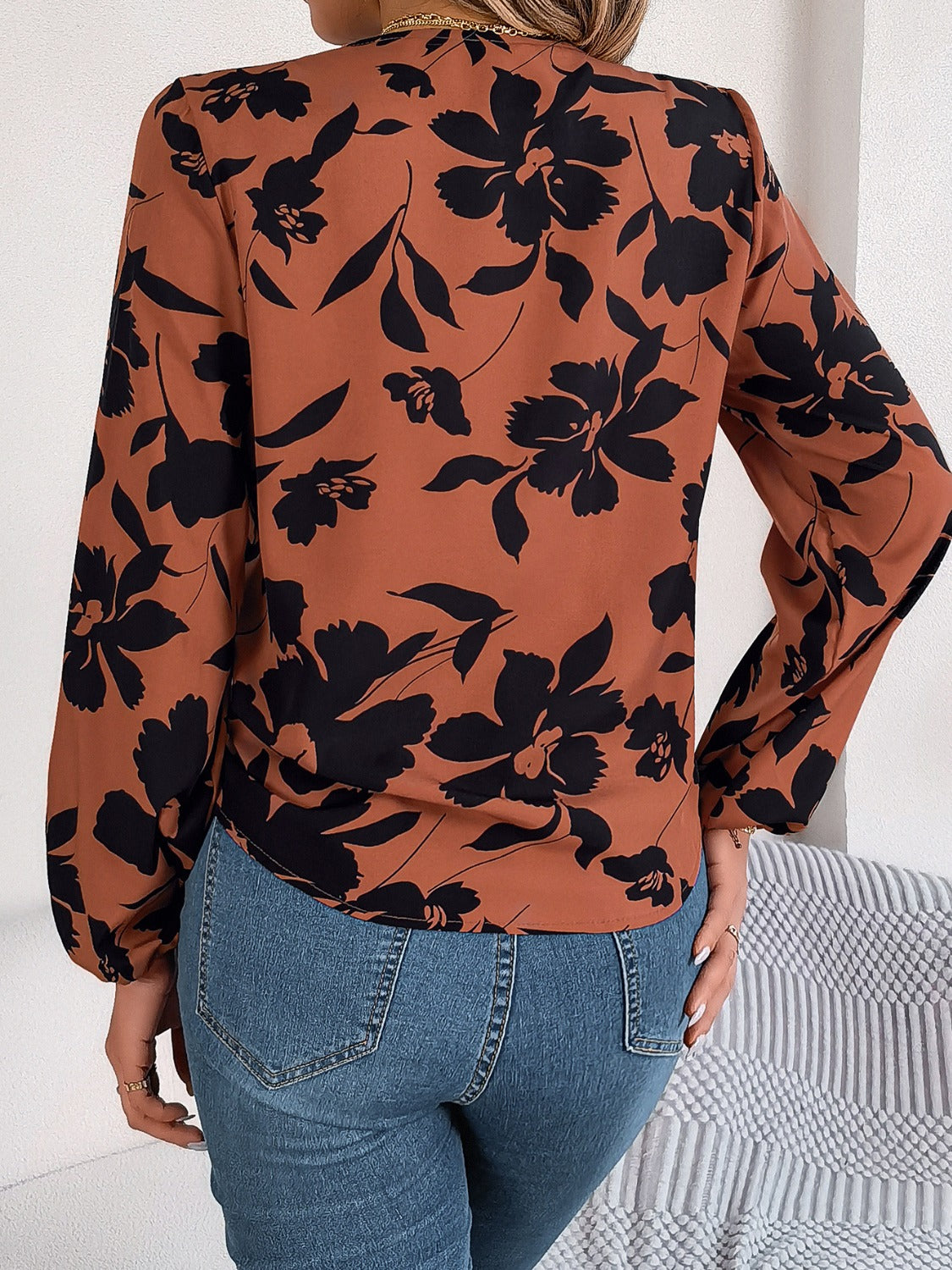 Printed V-Neck Long Sleeve Blouse-Teresa&#39;s Fashionista LLC