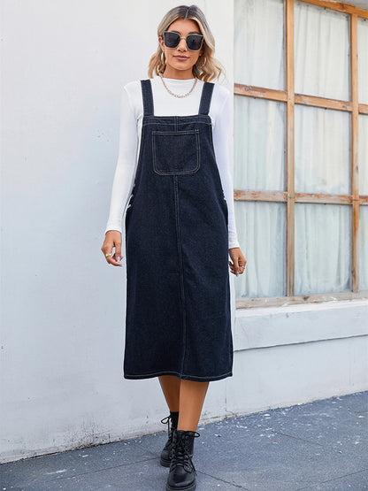 Denim Overall Dress with Pocket-Teresa&#39;s Fashionista LLC