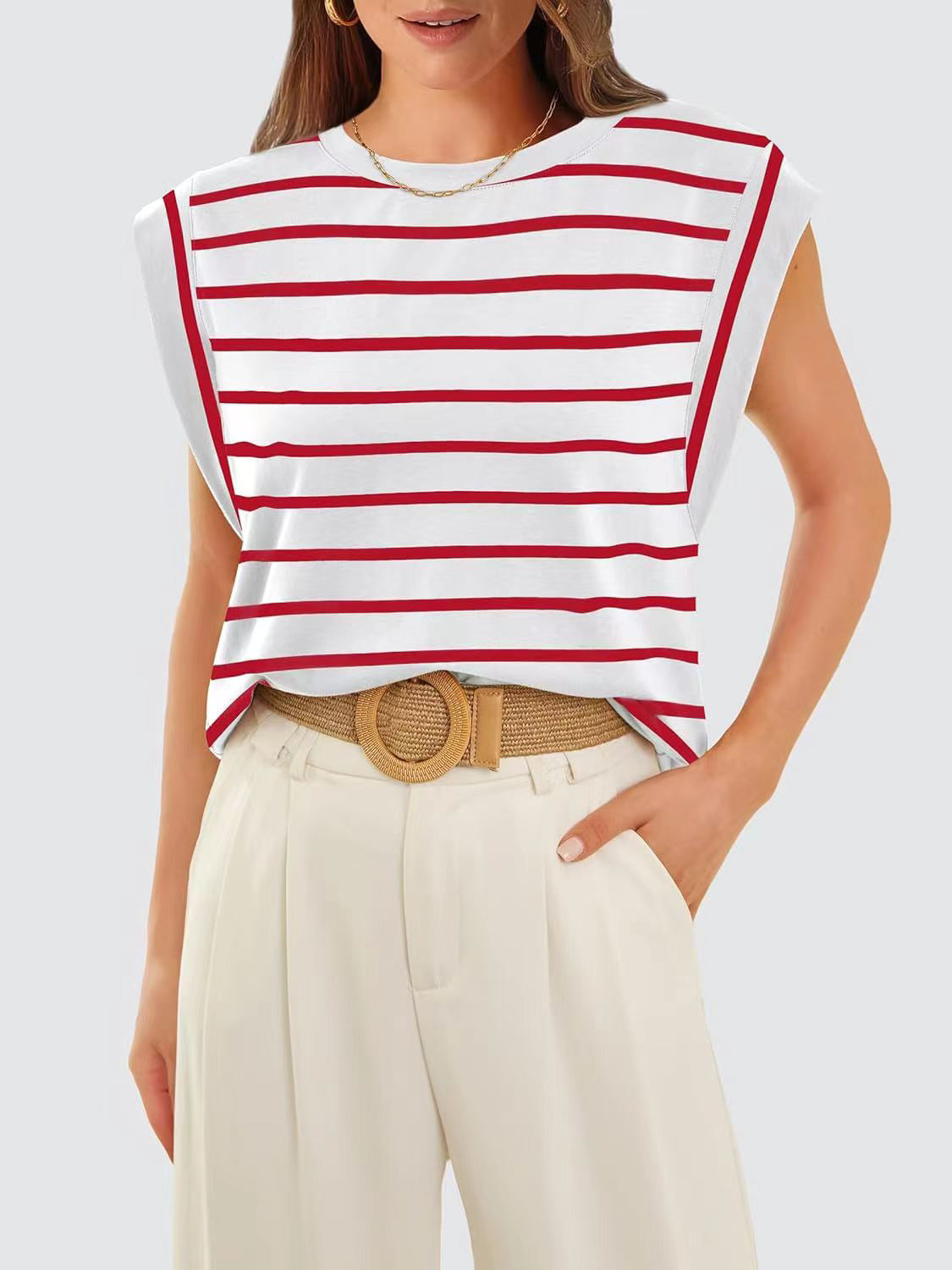 Striped Round Neck Cap Sleeve T-Shirt-Teresa&#39;s Fashionista LLC