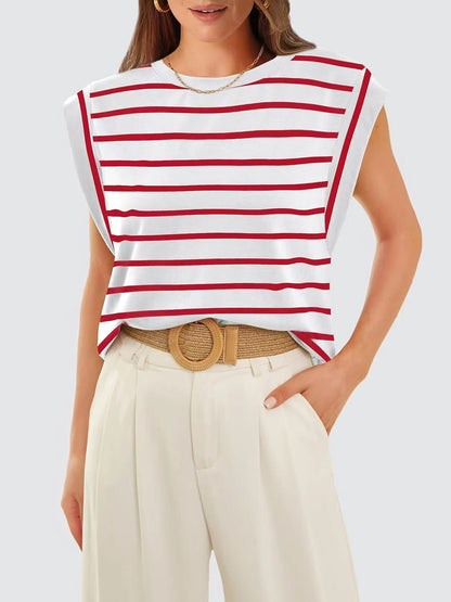 Striped Round Neck Cap Sleeve T-Shirt-Teresa&#39;s Fashionista LLC