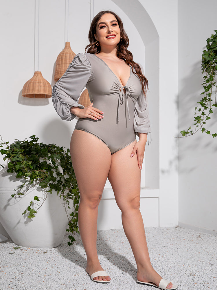 Plus Size Tied Deep V Balloon Sleeve One-Piece Swimsuit-Teresa&#39;s Fashionista LLC