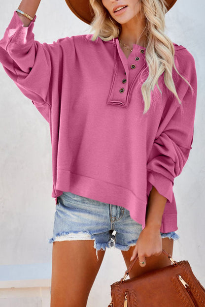 Quarter-Button Exposed Seam Dropped Shoulder Hoodie-Teresa&#39;s Fashionista LLC