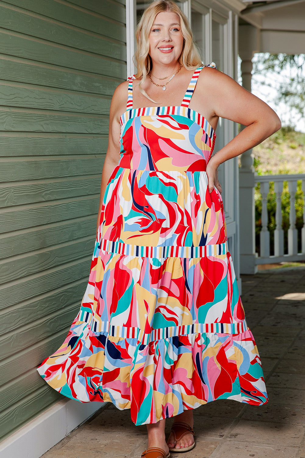 Plus Size Printed Tie Straps Straight Neck Maxi Dress-Teresa&#39;s Fashionista LLC