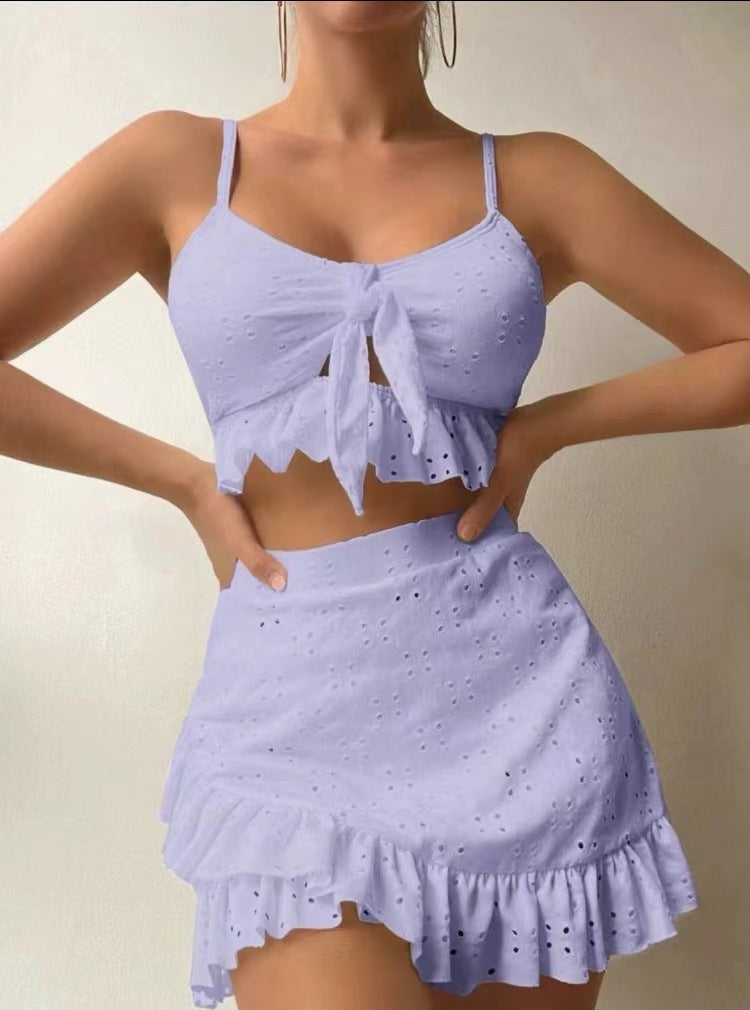 3pcs Beach Bikini With Hip-hugging Skirt Fashion Ruffle Design Swimsuit Set Summer Womens Clothing-Teresa&#39;s Fashionista LLC