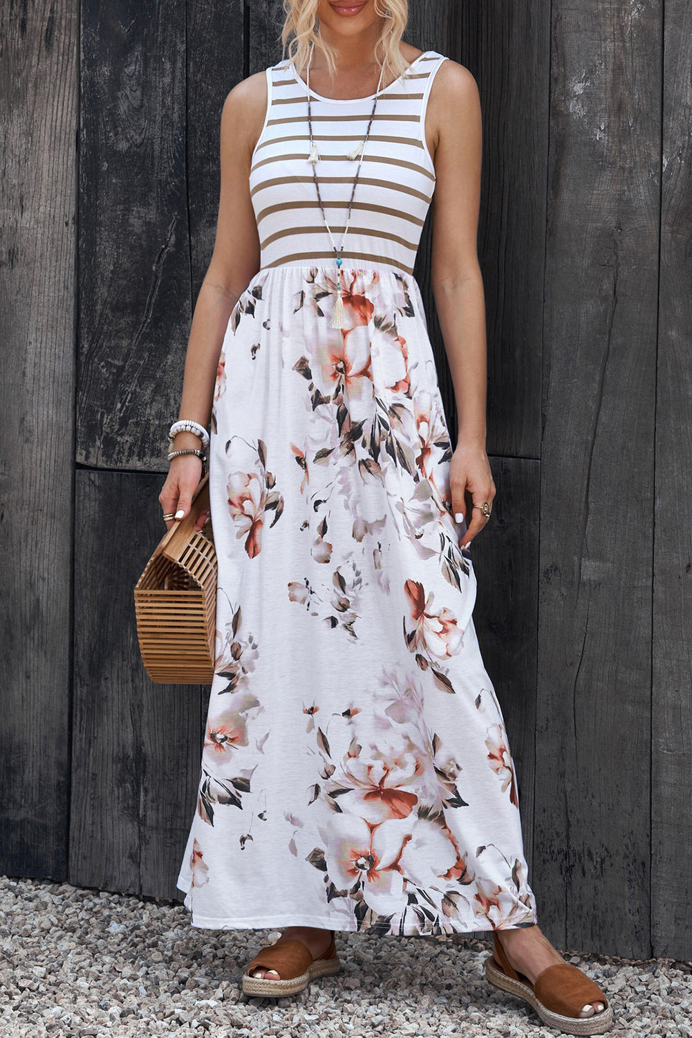 Striped Floral Round Neck Sleeveless Maxi Dress-Teresa&#39;s Fashionista LLC