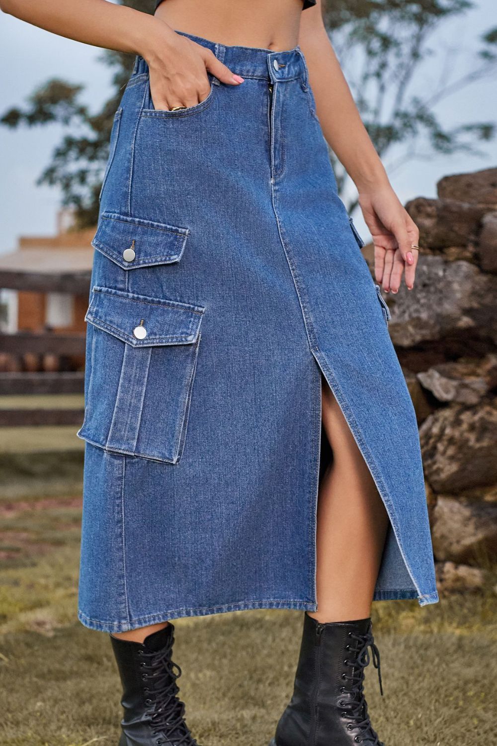 Slit Front Midi Denim Skirt with Pockets-Teresa&#39;s Fashionista LLC