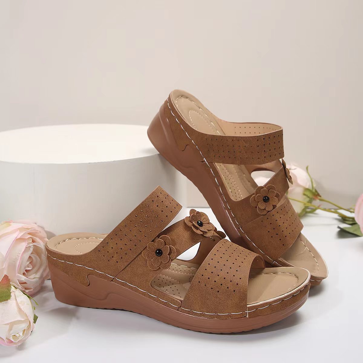 Flower PU Leather Wedge Sandals-Teresa&#39;s Fashionista LLC