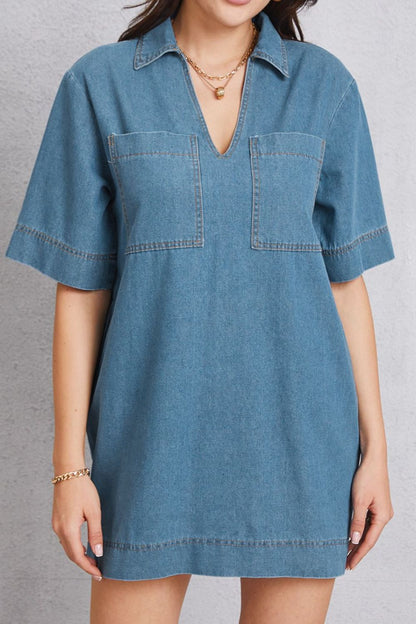 Pocketed Collared Neck Mini Denim Dress-Teresa&#39;s Fashionista LLC