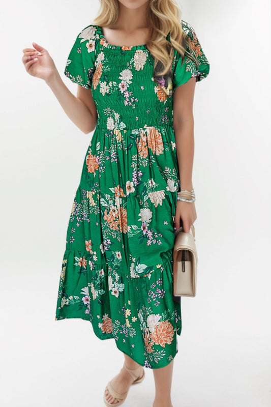 Smocked Printed Puff Sleeve Midi Dress-Teresa&#39;s Fashionista LLC