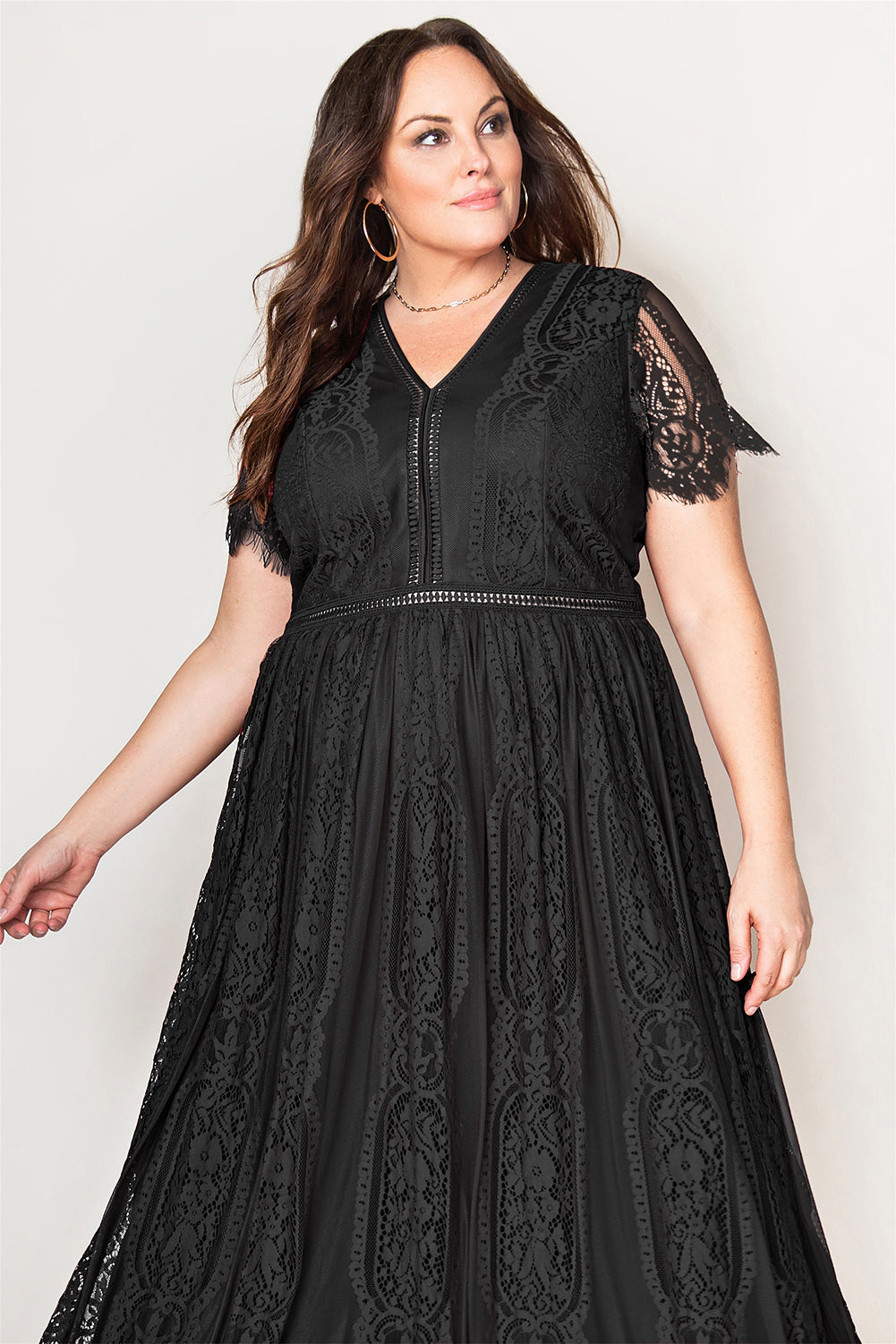 V-Neck Short Sleeve Lace Maxi Dress-Teresa&#39;s Fashionista LLC