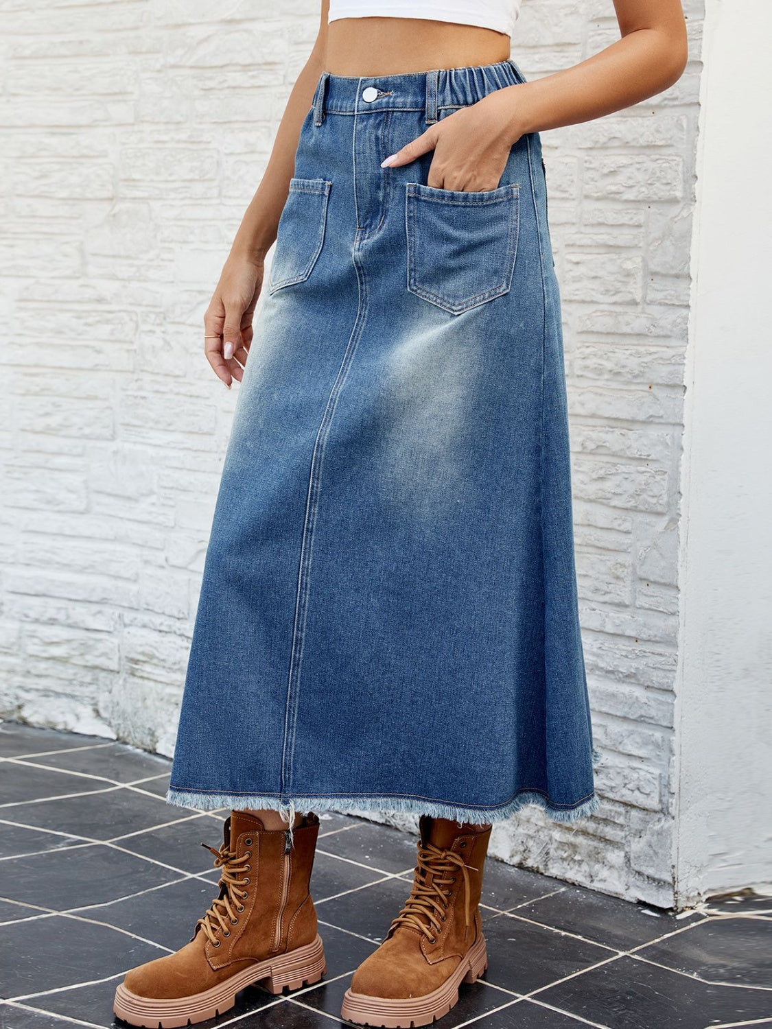 Raw Hem Buttoned Denim Skirt with Pockets-Teresa&#39;s Fashionista LLC