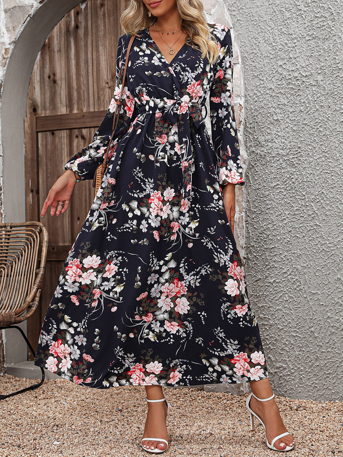 Floral Long Sleeve Surplice Neck Dress-Teresa&#39;s Fashionista LLC