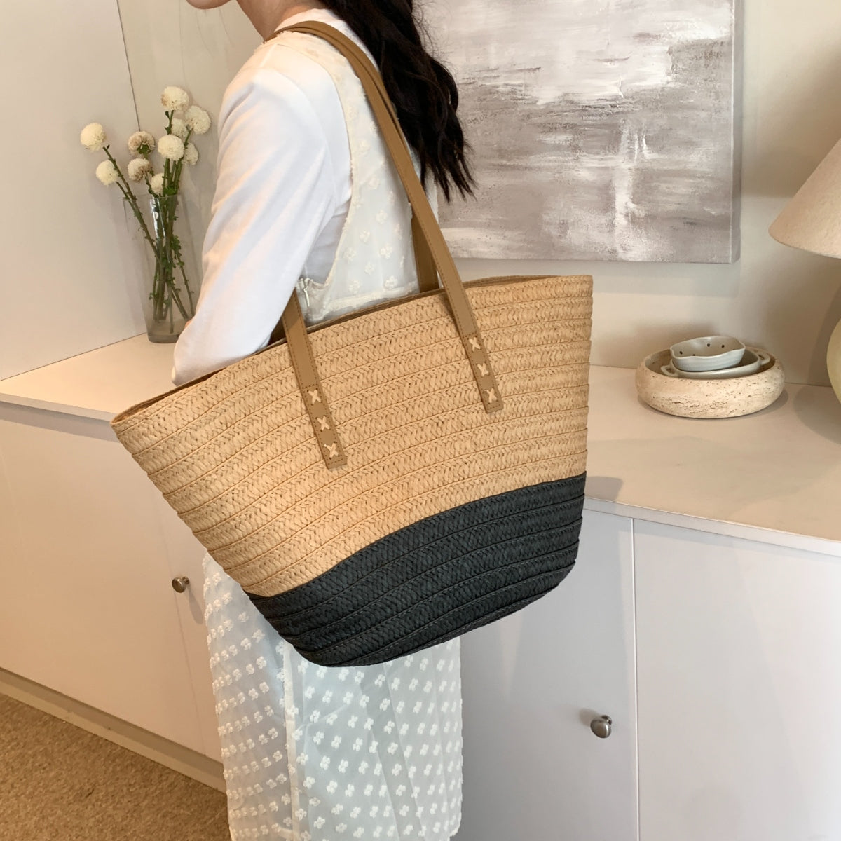 Contrast Straw Braided Handbag-Teresa&#39;s Fashionista LLC