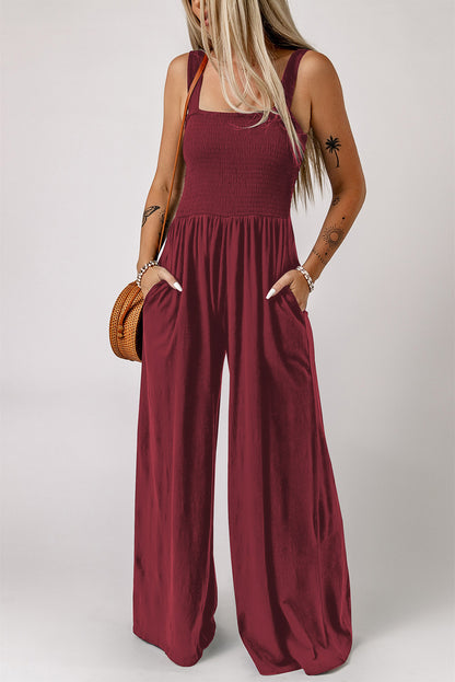 Smocked Square Neck Wide Leg Jumpsuit with Pockets-Teresa&#39;s Fashionista LLC