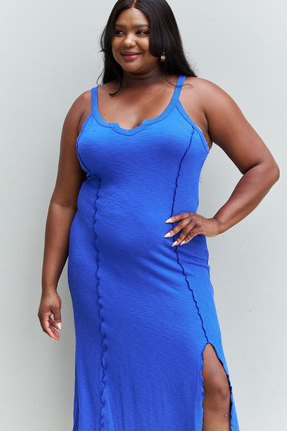 Culture Code Look At Me Full Size Notch Neck Maxi Dress with Slit in Cobalt Blue-Teresa&#39;s Fashionista LLC