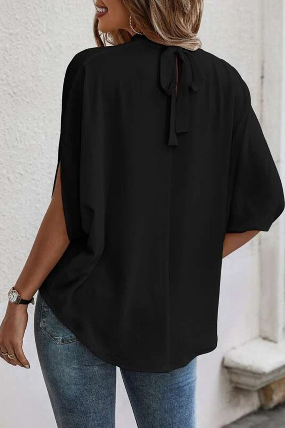 Tie Back Slit Half Sleeve Blouse-Teresa&#39;s Fashionista LLC