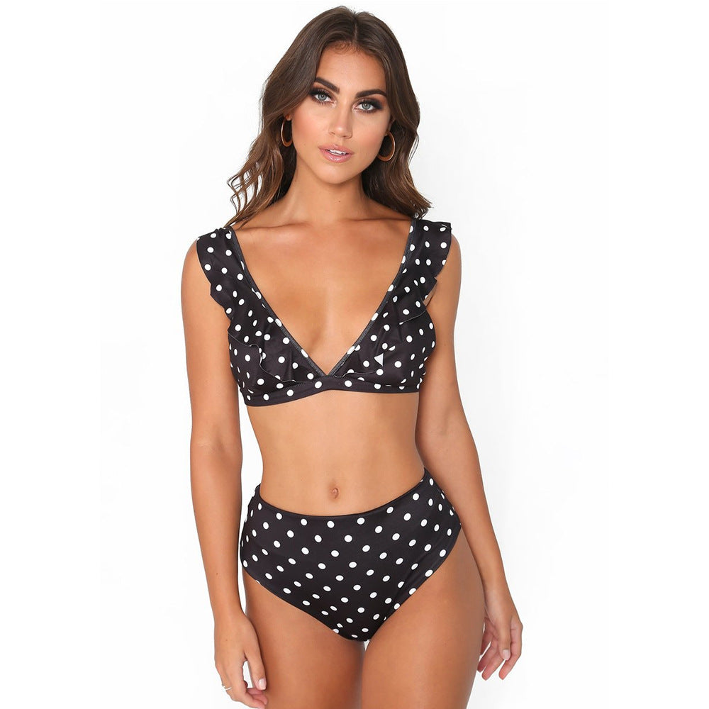 2pcs Black And White Polka Dot Print Swimsuit Sexy Ruffled Deep V-neck Bikini Set Summer Beach Womens Clothing-Teresa&#39;s Fashionista LLC