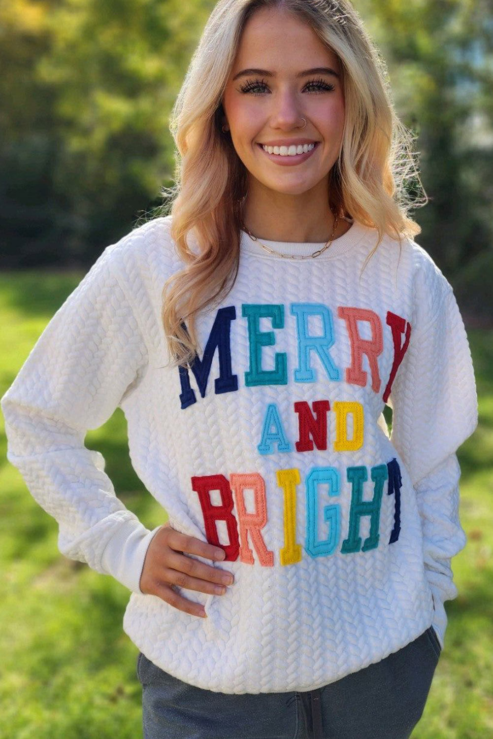 White Merry And Bright Cable Knit Pullover Sweatshirt-Teresa&#39;s Fashionista LLC