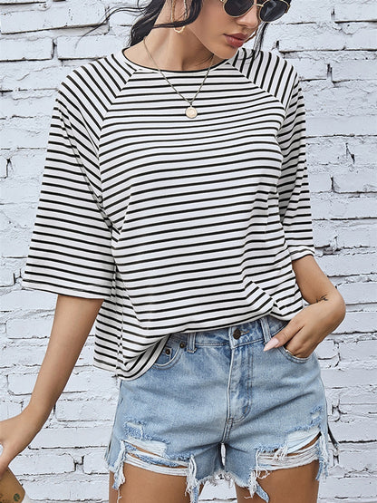 Striped Round Neck Raglan Sleeve T-Shirt-Teresa&#39;s Fashionista LLC