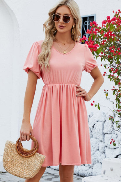 V-Neck Balloon Short Sleeve Dress-Teresa&#39;s Fashionista LLC