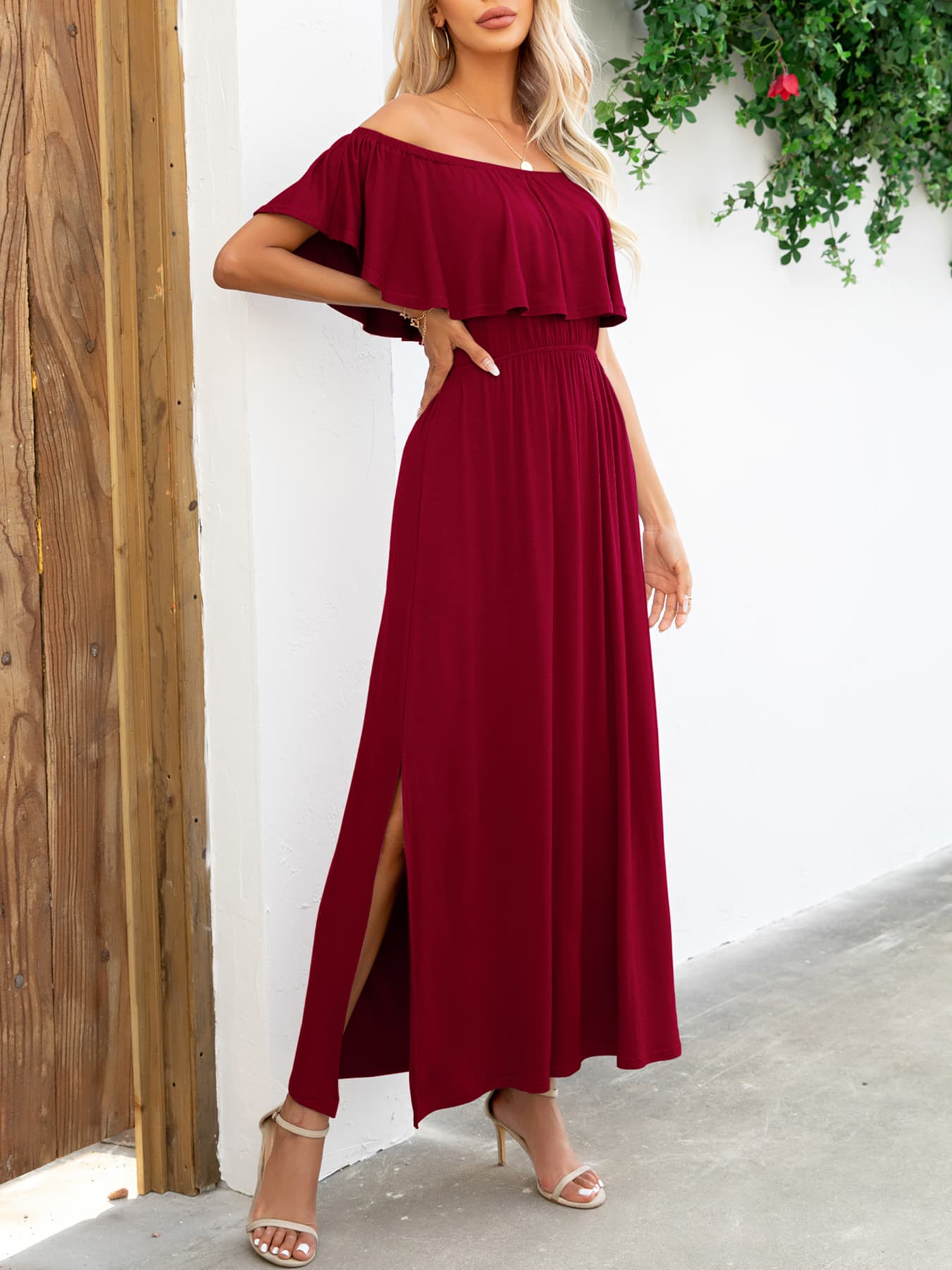 Off-Shoulder Slit Maxi Dress-Teresa&#39;s Fashionista LLC