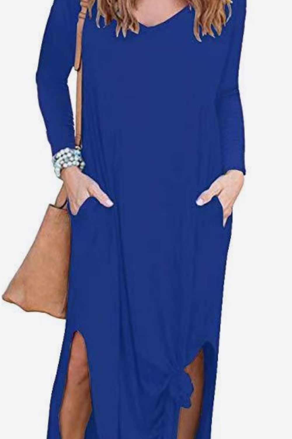 Split Long Sleeve V-Neck Maxi Dress-Teresa&#39;s Fashionista LLC